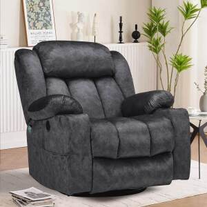 VIVIJASON Manual Swivel Rocking Glider Recliner Chair with Heat & Vibration Massage, 360° Swivel Overstuffed Reclining Chair with 2 Cup Holders, Side Pockets & USB Ports for Living Room, Plush Brown