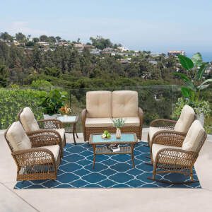 VIVIJASON 7-Piece Outdoor Patio Wicker Conversation Sets, All Weather Outdoor Rattan Furniture Set Includes Glider Loveseat, 2 Rocking Chairs, 2 Glider Rocker Chairs, 2 Coffee Table