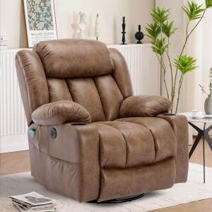 VIVIJASON Manual Swivel Rocking Glider Recliner Chair with Heat & Vibration Massage, 360° Swivel Lounge Chair Classic Single Sofa with 2 Cup Holders, Side Pockets & USB Ports for Living Room