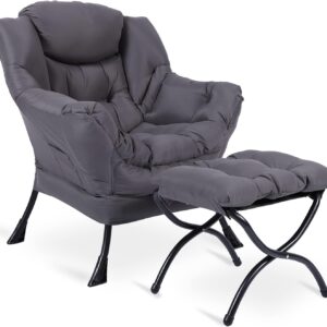 VIVIJASON Modern Velvet Fabric Lazy Chair with Ottoman, Accent Contemporary Lounge Chair Single Steel Frame Sofa Chair Set with Footstool, Armrests & Side Pocket for Living Room Bedroom Office