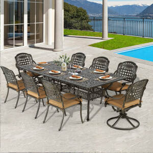 VIVIJASON 9-Piece Outdoor Dining Set, Cast Aluminum Patio Table & Chair Furniture Set for 8, Include 94.5" Rectangular Table, 2 Swivel Rocker Chairs, 6 Stationary Chairs, Umbrella Hole, Khaki Cushion