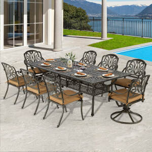 VIVIJASON 9-Piece Outdoor Dining Set, Cast Aluminum Patio Furniture Table & Chairs Set for 8, Include 94.5" Rectangular Table, 2 Swivel Rocker Chairs, 6 Stationary Chairs, Umbrella Hole, Khaki Cushion