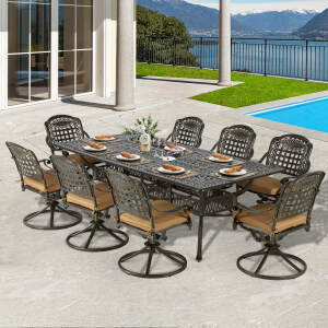 VIVIJASON 9-Piece Outdoor Dining Furniture Set, Cast Aluminum Patio Table & Chairs Set for 8, Include 94.5" Rectangular Dining Table and 8 Swivel Rocker Chairs with Umbrella Hole, Khaki Cushion