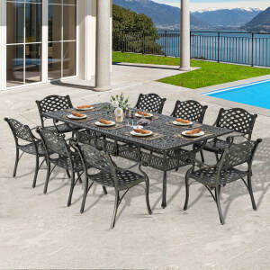 VIVIJASON 9-Piece Outdoor Dining Set, Cast Aluminum Retro Patio Furniture Table and Chairs Set for 8, Include Large 94.5" Rectangular Dining Table and 8 Chairs with Umbrella Hole for Deck Porch