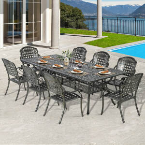 VIVIJASON 9-Piece Outdoor Dining Set, Cast Aluminum Retro Patio Furniture Table and Chairs Set for 8, Include Large 94.5" Rectangular Dining Table and 8 Chairs with Umbrella Hole for Balcony Garden