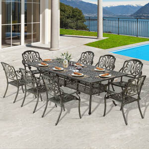 VIVIJASON 9-Piece Outdoor Dining Set, All Weather Cast Aluminum Retro Patio Furniture Table and Chairs Set for 8, Include 94.5" Rectangular Table and 8 Chairs with Umbrella Hole for Balcony Garden
