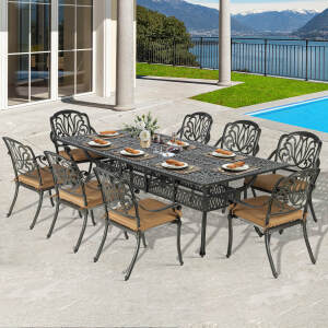 VIVIJASON 9-Piece Outdoor Dining Set, All Weather Cast Aluminum Retro Patio Furniture Table and Chairs Set for 8, Include 94.5" Rectangular Dining Table and 8 Chairs with Umbrella Hole, Khaki Cushion