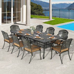 VIVIJASON 9-Piece Outdoor Dining Set, Cast Aluminum Retro Patio Furniture Table and Chairs Set for 8, Include Large 94.5" Rectangular Dining Table and 8 Chairs with Umbrella Hole, Khaki Cushion
