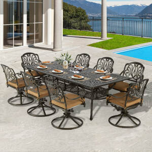 VIVIJASON 9-Piece Outdoor Dining Set, Cast Aluminum Retro Patio Furniture Table and Chairs Set for 8, Include 94.5" Rectangular Table and 8 Swivel Rocker Chairs with Umbrella Hole, Khaki Cushion