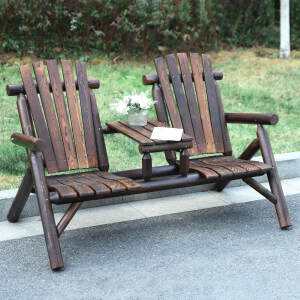 EPICOZY Outdoor 2-Person Wooden Adirondack Bench, Conversation Furniture Set with Patio Rustic Loveseat & Built-in Table, Carbonized Garden Bench Fire Pit Chair for Backyard Porch Pool Deck