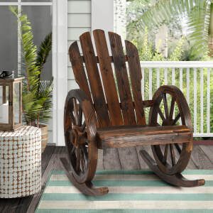 EPICOZY Outdoor Wood Wagon Rocking Chair, Patio Rustic Adirondack Porch Rocker with Oversized Back & Slatted Seat, Carbonized Wood Rocker Chair with Wagon Wheel Armrest for Indoor, Backyard, Garden
