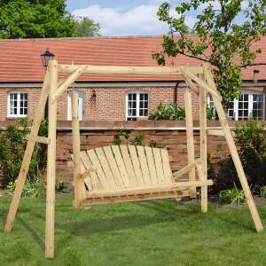 EPICOZY 2-Seat Porch Swing, Wooden Log Patio Swing Chair Bench with Stand, Rustic Hardwood Swing Chair with Curved Back, Wood Seating Porch Swings for Outside Yard, Garden, Deck, Poolside