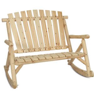 EPICOZY Outdoor Double Wooden Rocking Bench, Adirondack Porch Rocker Chair for 2 Persons, Patio Rustic Log Rocker Loveseat with High Slatted Seat & Backrest for Deck, Backyard, Garden