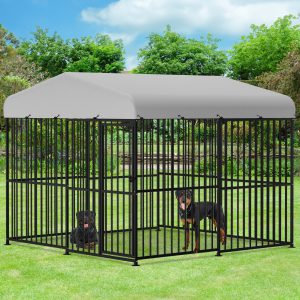 VIVIJASON Large Outdoor Dog Kennel, Heavy Duty Metal Frame Dog Cage with Thickened Bars, UV & Waterproof Cover, Outside Pen Playpen Dog Run House for Large to Small Dogs