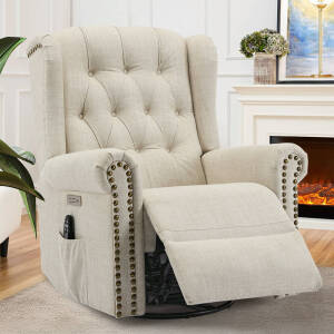 VIVIJASON Power Swivel Rocking Recliner Chair with Massage & Heat, Electric Rocker Glider Chair for Nursery, Wingback Tufted Upholstered Recliner W/Type-C & USB Ports for Living Room, Bedroom