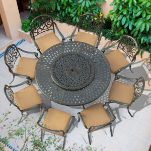 VIVIJASON Outdoor 61" Patio Dining Table for 6-8 Person, Large Patio Round Dining Table with Lazy Susan, Dark Bronze Cast Aluminum Rustic Patio Table W/Umbrella Hole for Balcony, Porch and Deck