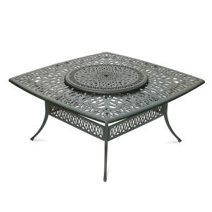 VIVIJASON Outdoor 64" Patio Dining Table for 8 Person, Large Patio Square Dining Table with Lazy Susan, Dark Bronze Cast Aluminum Rustic Patio Table W/Umbrella Hole for Balcony, Porch and Deck