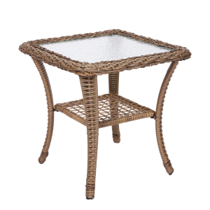 VIVIJASON Outdoor Wicker Side Table, All-Weather Rattan Patio Side Table Bistro Table with 2-Tier, Tempered Glass Top Square End Table for Indoor, Balcony, Garden, Porch, Deck, Brown