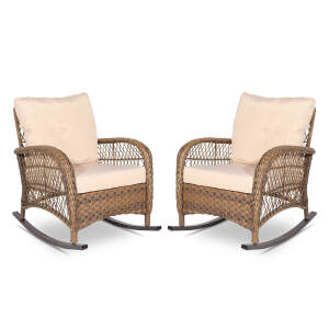 VIVIJASON Outdoor Wicker Rocking Chair, Patio Rattan Rocker Chair with Cushions & Steel Frame, All-Weather Rocking Lawn Wicker Furniture for Garden Backyard Porch