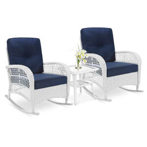 VIVIJASON 3-Piece Outdoor Conversation Bistro Set, Patio Wicker Rocking Chairs Rattan Furniture Sets w/ 2 Rattan Chairs, Cushions, Glass Top Side Table for Garden Porch Backyard