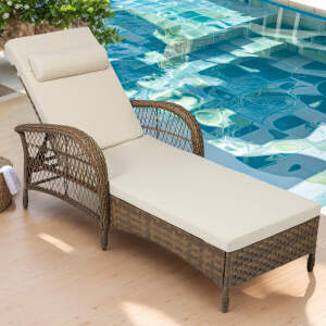 VIVIJASON Outdoor Wicker Chaise Lounge Chair, All-Weather PE Rattan Cushioned Patio Lounger Chair, 6-Position Adjustable Pool Sunbathing Recliner with Armrest & Pillow for Poolside Deck Yard