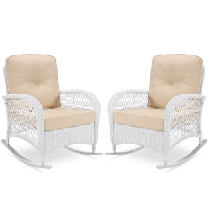 VIVIJASON 2 Piece Patio Wicker Rattan Rocker Chair, Outdoor Rattan Rocker Chair with Cushions & Steel Frame, All-Weather Rocking Lawn Wicker Furniture for Garden Backyard Porch