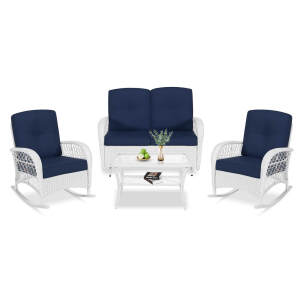 VIVIJASON 4-Piece Outdoor Patio White Wicker Conversation Sets, All Weather Outdoor Rattan Furniture Set Includes Glider Loveseat, Coffee Table, 2 Rocking Chairs with Cushions for Backyard