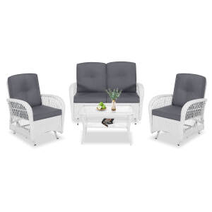 VIVIJASON 4-Piece Outdoor Patio White Wicker Conversation Sets, All Weather Rattan Furniture Set Includes Glider Loveseat, Coffee Table, 2 Glider Rocker Chairs w/Cushion for Lawn Balcony