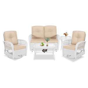 VIVIJASON 5-Piece Outdoor Patio White Wicker Conversation Sets, All Weather Outdoor Rattan Furniture Set Includes Glider Loveseat, 2 Coffee Table, 2 Swivel-Gliders Chairs with Cushions