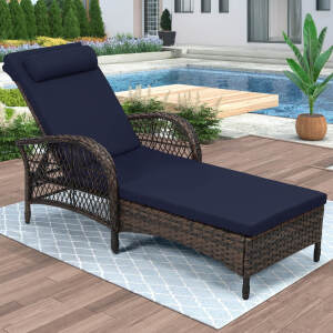 Outdoor Wicker Chaise Lounge Chair, All Weather Rattan Patio Lounger Chair with Pillow, 6-Position Adjustable High Back, Pool Sunbathing Reclining Chair with Armrest for Garden Deck