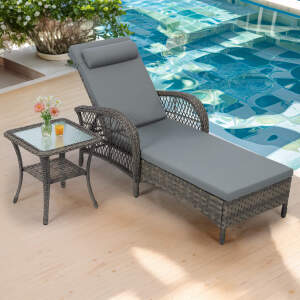 VIVIJASON Outdoor Wicker Chaise Lounge Chair, All-Weather PE Rattan Cushioned Patio Lounger Set with Side Table, 6-Position Adjustable Outside Pool Sunbathing Recliner with Armrest & Pillow