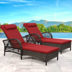 Outdoor Wicker Chaise Lounge Chairs Set of 2, Patio Rattan Lounger with Armrest, Adjustable 6-Level Backrest and Pillow, All Weather Pool Sunbathing Reclining Chairs for Deck Yard