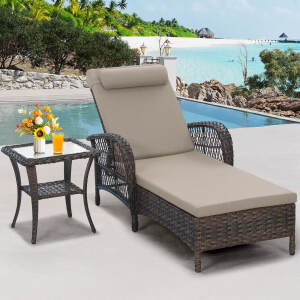 Outdoor Wicker Chaise Lounge Chair with Side Table, All-Weather Patio Lounger Chaise Sunbathing Reclining Chairs with Armrest & Pillow, 6-Position Adjustable Rattan Lounger Chair Set