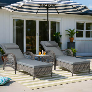 VIVIJASON 3 Pieces Outdoor Wicker Chaise Lounge Chair Set, All-Weather PE Rattan Cushioned Patio Lounger Set of 2 with Side Table, Adjustable Pool Sunbathing Recliner with Armrest & Pillow