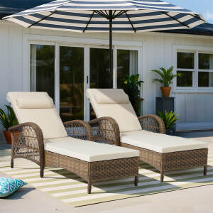 VIVIJASON Outdoor Wicker Chaise Lounge Chair Set of 2, All-Weather PE Rattan Cushioned Patio Lounger Chairs, 6-Position Adjustable Outside Pool Sunbathing Recliner with Armrest & Pillow