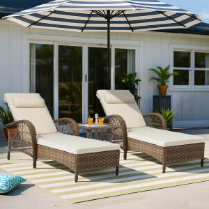 VIVIJASON 3 Pieces Outdoor Wicker Chaise Lounge Chair Set, All-Weather PE Rattan Cushioned Patio Lounger Set of 2 with Side Table, Adjustable Pool Sunbathing Recliner with Armrest & Pillow