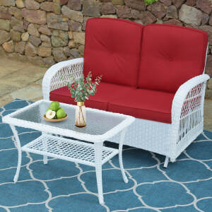 VIVIJASON 2-Piece Patio White Wicker Loveseat Glider Set Cushioned, Outdoor Conversation Furniture Sets W/ 2-Seater Glider Rocking Bench, Coffee Table and Cushions for Porch Garden Poolside