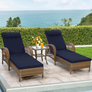 3-Piece Outdoor Wicker Chaise Lounge Chair Set with Side Table, All Weather Patio Rattan Reclining Sunbathing Lounger Chair with 6-Position Adjustable Backrest, Armrest & Pillow