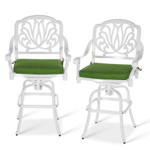 VIVIJASON 2-Piece Patio Swivel Bar Stools, All-Weather Cast Aluminum Bar Height Bistro Chairs with Seat Cushion, Outdoor Furniture Bar Dining Chair Set for Deck, Lawn, Garden, Backyard, White
