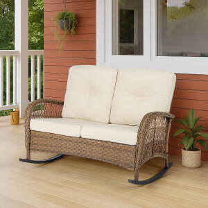 VIVIJASON Outdoor Wicker Loveseat Rocking Chair, 2-Person Patio Rattan Double Rocker Sofa with Thick Cushions, All-Weather Loveseat Rocker for Porch, Backyard & Garden