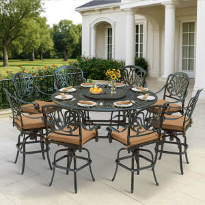 VIVIJASON 10-Piece Outdoor High Patio Dining Set, Free-Rust Cast Aluminum Patio Bar Table and Chairs Set, Includes 8 Swivel Bar Stools & 61" Bar Height Dining Table W/ 24" Lazy Susan, Umbrella Hole