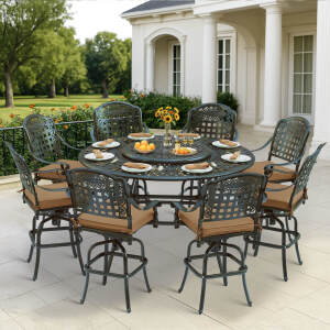 VIVIJASON 10-Piece High Patio Dining Set, All Weather Cast Aluminum Outdoor Bar Table and Chairs Set, Includes 8 Swivel Bar Stools & 61" Bar Height Dining Table with 31" Lazy Susan, Umbrella Hole