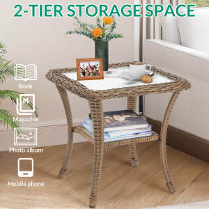 VIVIJASON Outdoor Wicker Side Table, All-Weather Rattan Patio Side Table Bistro Table with 2-Tier Storage, Tempered Glass Top Square End Table for Indoor, Balcony, Garden, Porch, Deck