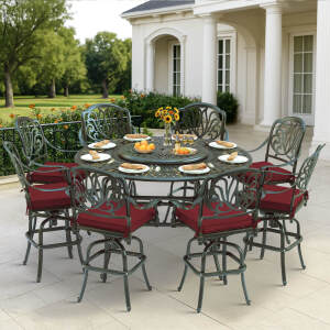 VIVIJASON 10-Piece Outdoor High Patio Dining Set, Free-Rust Cast Aluminum Patio Bar Table and Chairs Set, Includes 8 Swivel Bar Stools & 61" Bar Height Dining Table W/ 31" Lazy Susan, Umbrella Hole