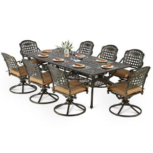 VIVIJASON 9-Piece Outdoor Dining Furniture Set, Cast Aluminum Patio Table & Chairs Set for 8, Include 94.5" Rectangular Dining Table and 8 Swivel Rocker Chairs with Umbrella Hole, Khaki Cushion, UPC: 717019430116