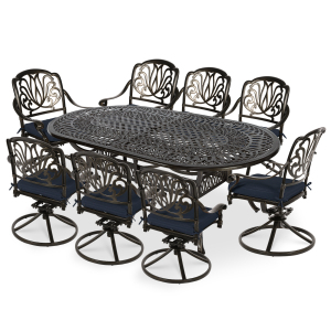 VIVIJASON 9-Piece Patio Furniture Dining Set, All-Weather Cast Aluminum Outdoor Conversation Set, Include 8 Swivel Dining Chairs and an Oval Table with Umbrella Hole, Navy Blue Cushion, UPC: 717206458336
