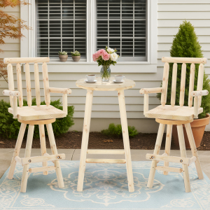 EPICOZY 3-Piece Outdoor Bar Set, Solid Log Wood Swivel Adirondack Chairs Set of 2 with Bar Height Table, 500 LBS Heavy Duty Rustic Patio Bistro Set for Porch, Deck, Pub, Cabin