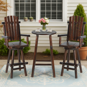 EPICOZY 3-Piece Patio Bar Set, Solid Log Wood Swivel Adirondack Chairs Set of 2 with Bar Height Table, 500 LBS Heavy Duty Rustic Outdoor Bistro Set for Porch, Deck, Pub, Cabin