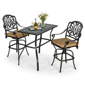 VIVIJASON 3-Piece Outdoor Swivel Bar Stools Set, All Weather Cast Aluminum High Top Patio Bistro Set with 2 Cushioned Bar Chairs & 42" x 24" Rectangular Bar Table for Deck, Garden & Poolside