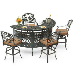 VIVIJASON 5-Piece Patio Bar Set, 75" Cast Aluminum Half Moon Bar Table with 2-Tier Storage, 4 Swivel Bar Stools & Cushions, All-Weather Large Party Bar Set for Garden, Poolside, Backyard